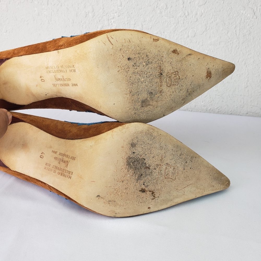Manolo Blahnik Teal Tan Heels Pointy Toe - Picture 8 of 12
